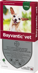 Bayvantic vet paikallisvaleluliuos 200/40 mg enintään 4 kg painaville koirille 4 x 0.4 ml